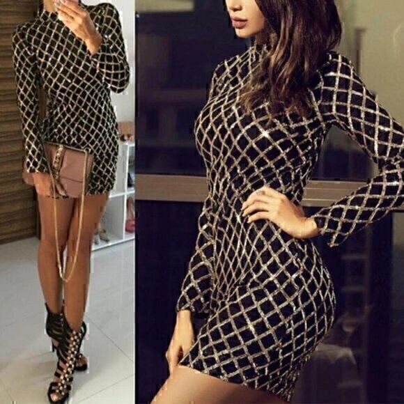 Unbranded Dresses & Skirts - Black and Gold Mock Turtle Neck Bodycon Sequin Mesh Sheer Mini Dress L